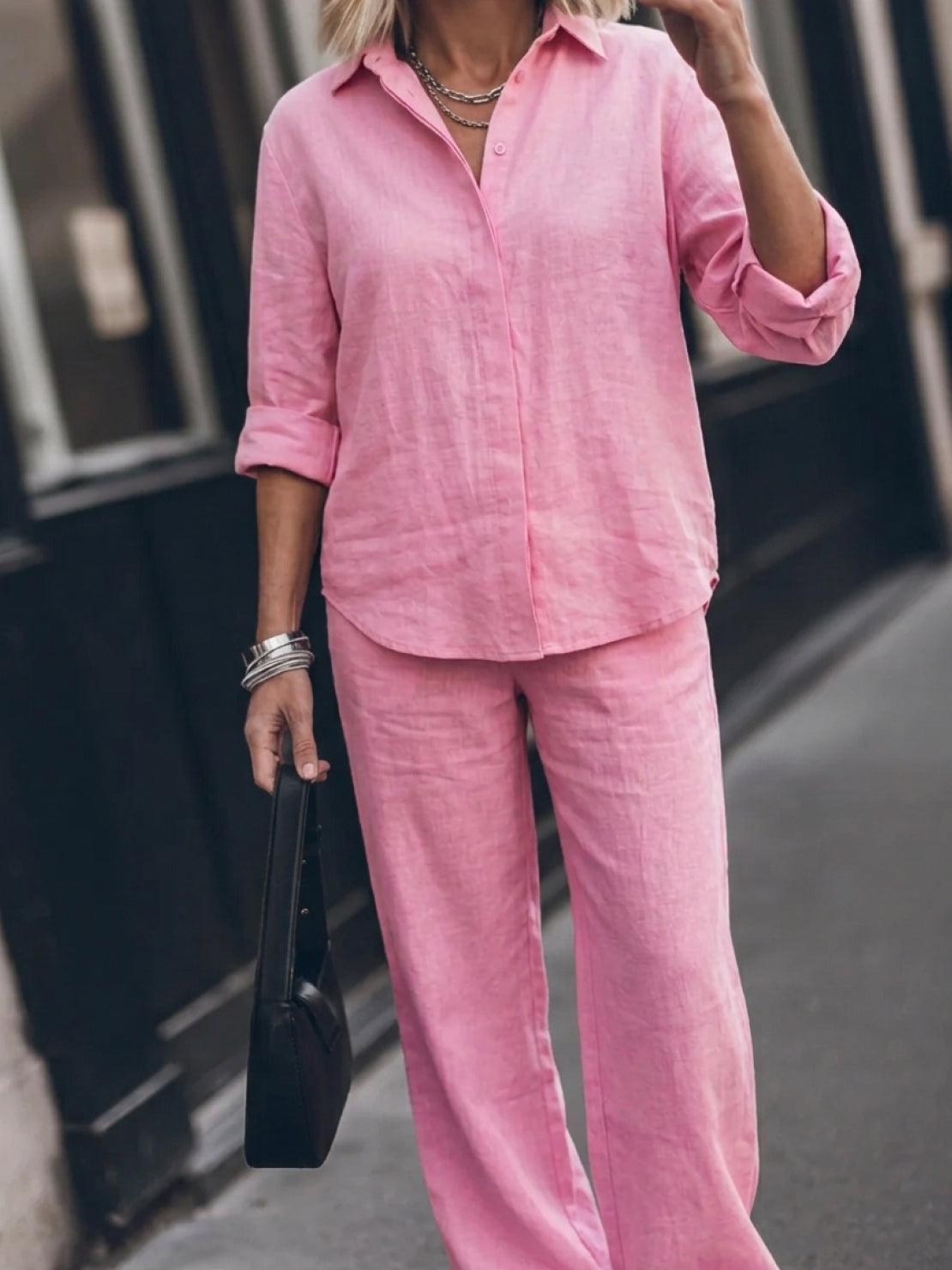 Model wearing an oversized 100% cotton shirt and wide-leg pants co-ord set in a relaxed, breathable fit