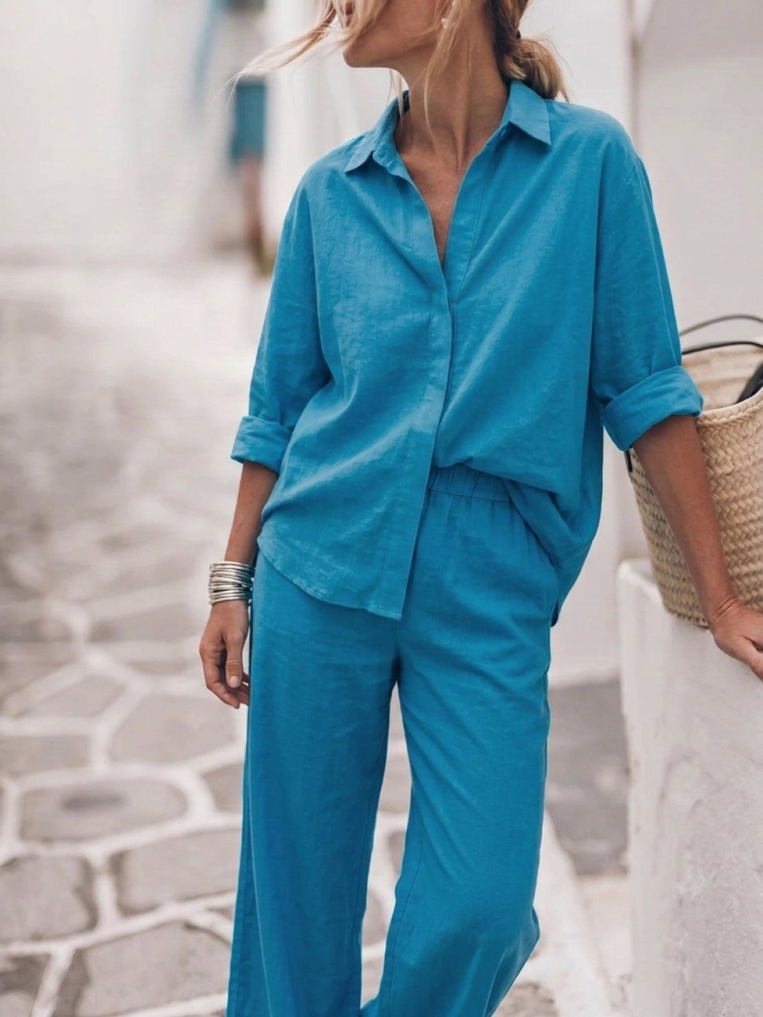 Model wearing oversized 100% cotton shirt and wide-leg pants co-ord set in relaxed fit