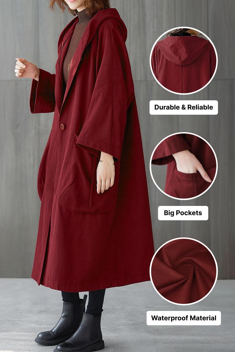 One size oversized waterproof windbreaker jacket with hood and large pockets in burgundy color