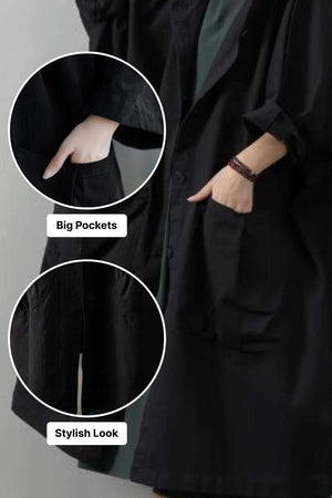 Oversized black waterproof windbreaker jacket with big pockets and stylish design