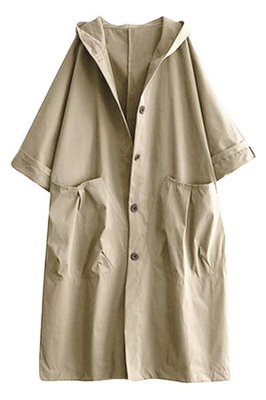 Beige oversized water resistant windbreaker jacket with hood and snap-button closure