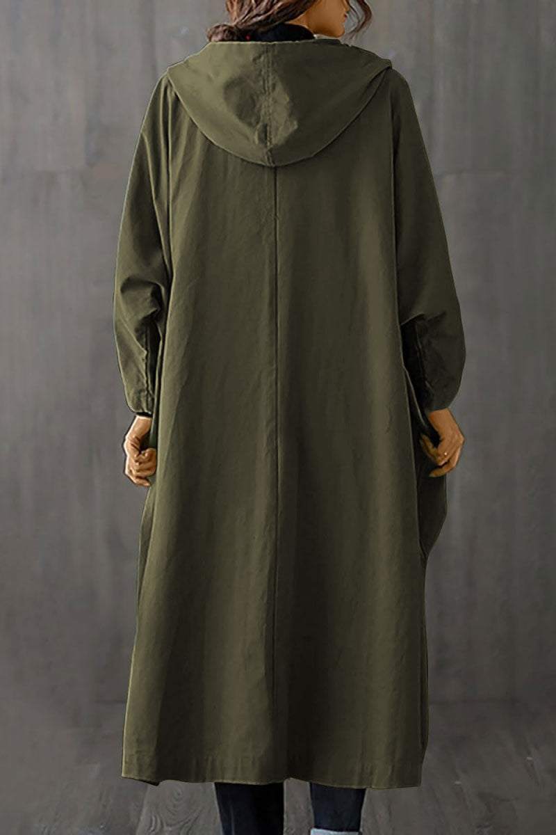 oversized water resistant windbreaker jacket with waterproof design and attached hood, longline length in olive green