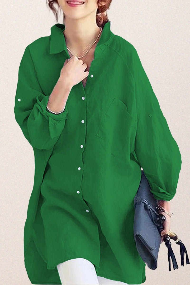 Green oversized linen shirt with button-down front and relaxed fit worn by woman