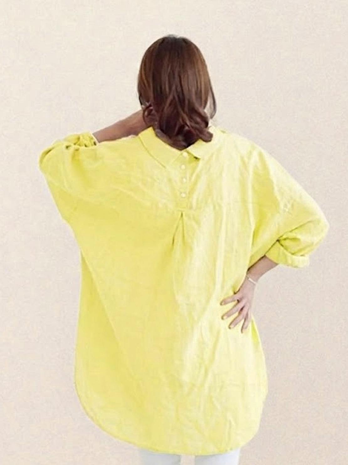 Oversized linen shirt in breathable cotton-linen blend with relaxed fit and vintage back button details