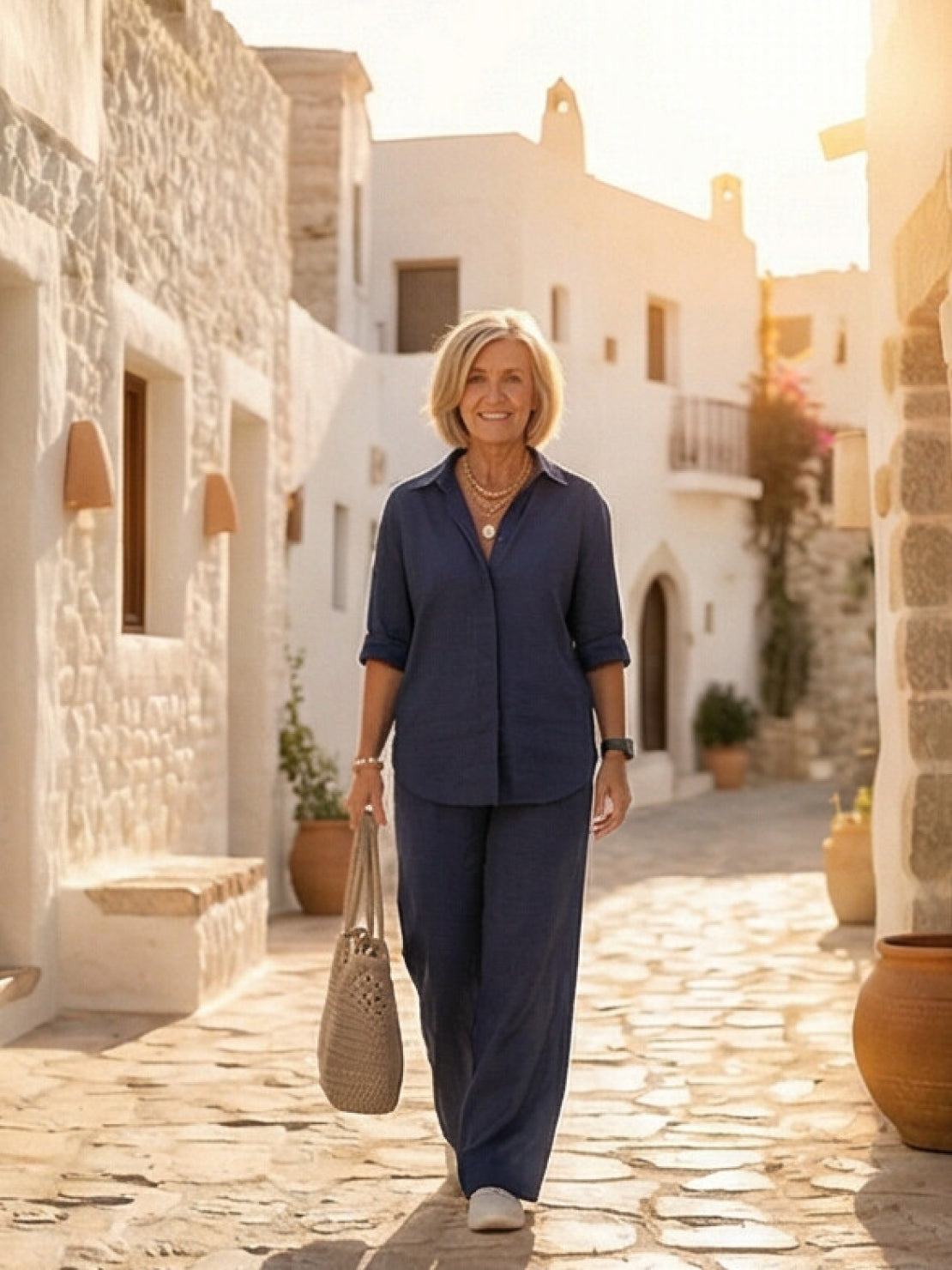 Model wearing an oversized 100% cotton shirt and wide-leg pants co-ord set in a relaxed style