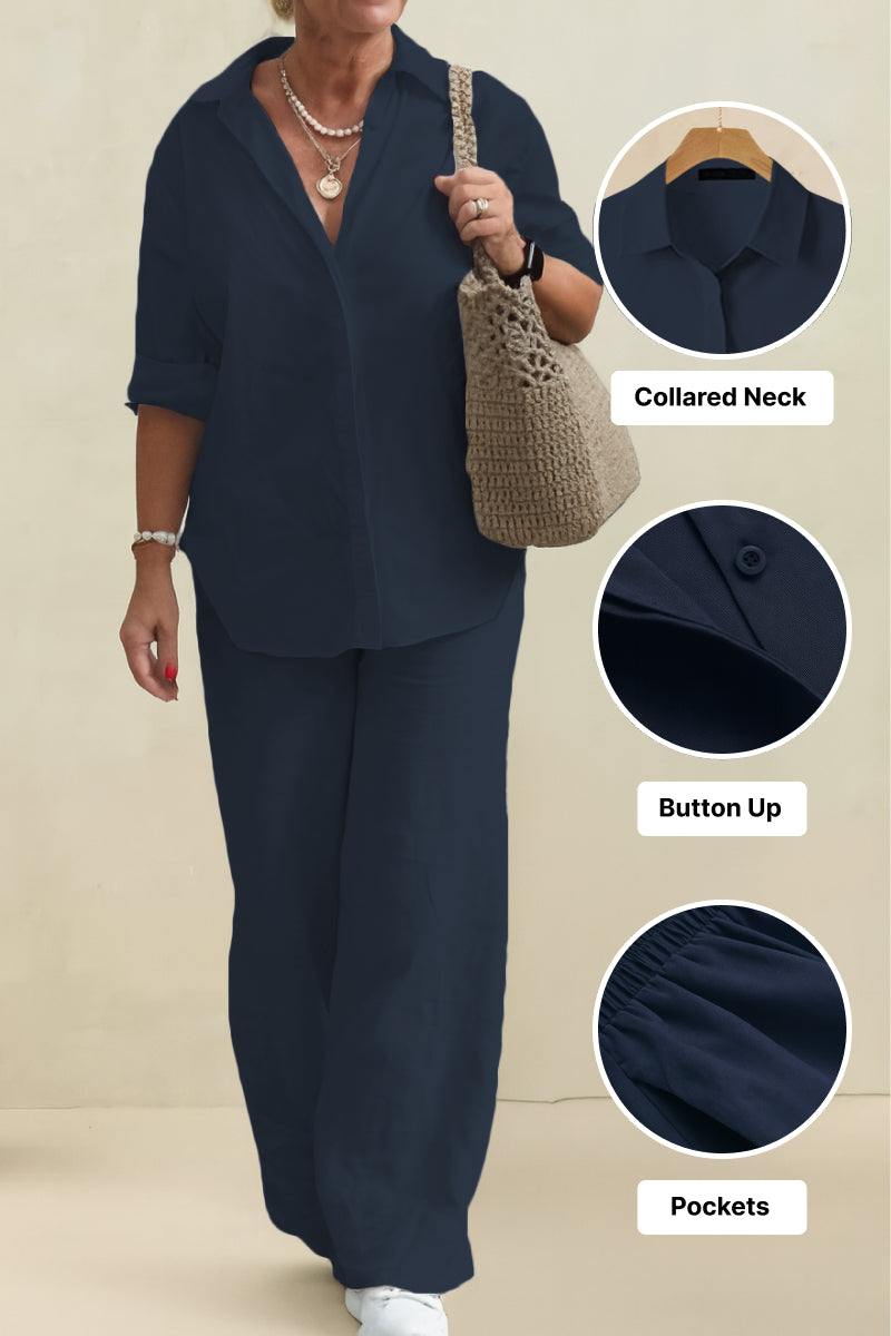 Oversized 100% cotton shirt and wide-leg pants co-ord set in navy blue with collared neck, button-up front, and pockets for breathable comfort and relaxed style