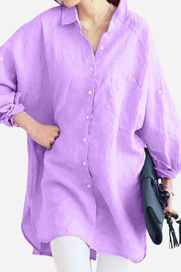 Lavender oversized linen shirt with long sleeves and button-down front, styled casually