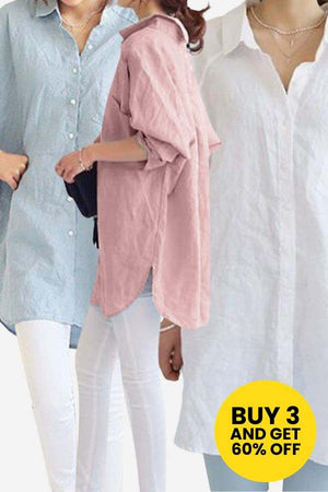 Women wearing oversized linen shirts in blue, pink, and white colors, styled casually with rolled sleeves.