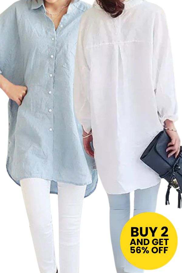 two oversized linen shirts in light blue and white colors, breathable and wrinkle-resistant, styled casually with white pants and purse, bundle offer with 56% discount