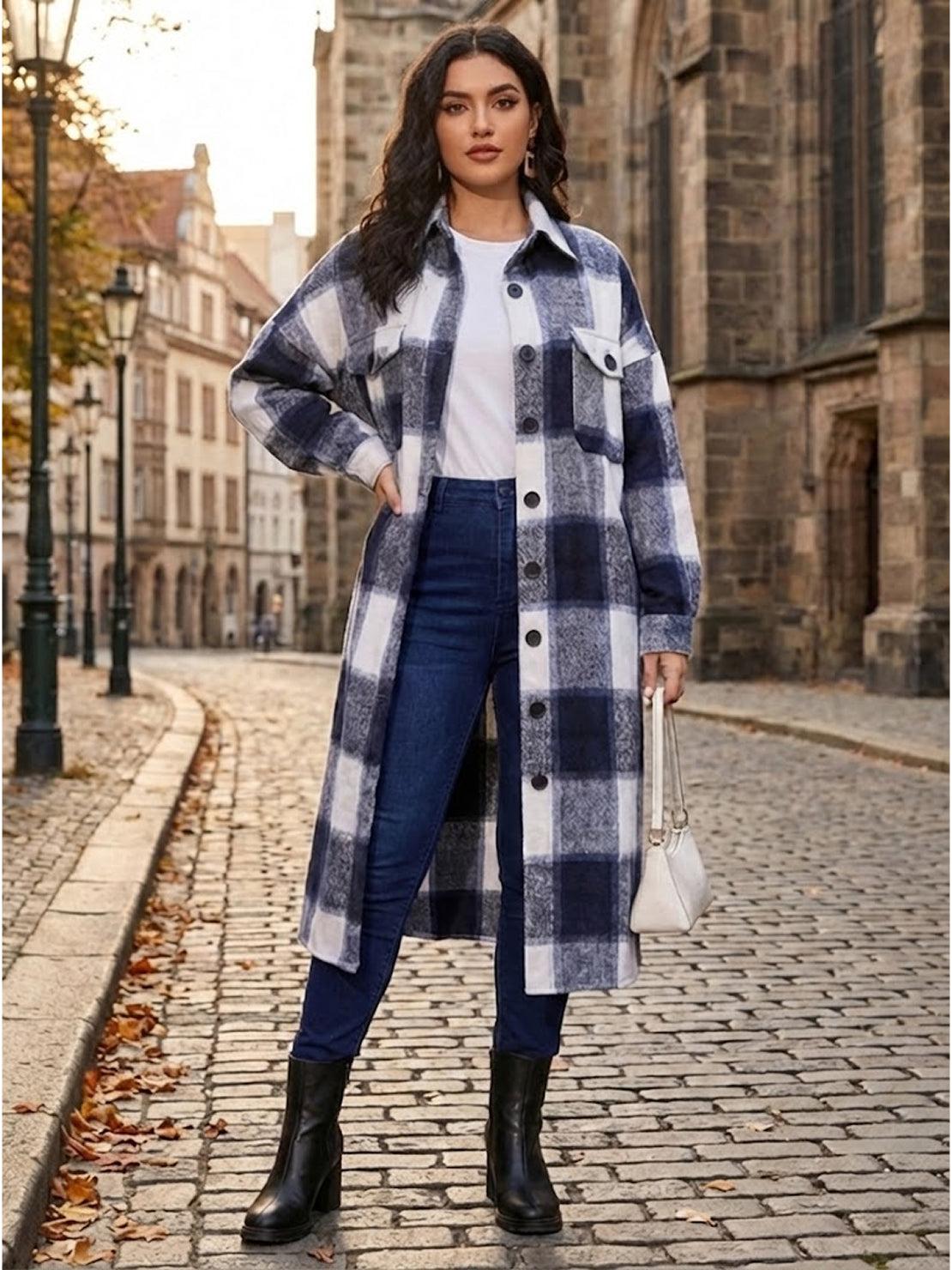 Oversized medium-length blue plaid overshirt with wool-blend fabric and functional pockets