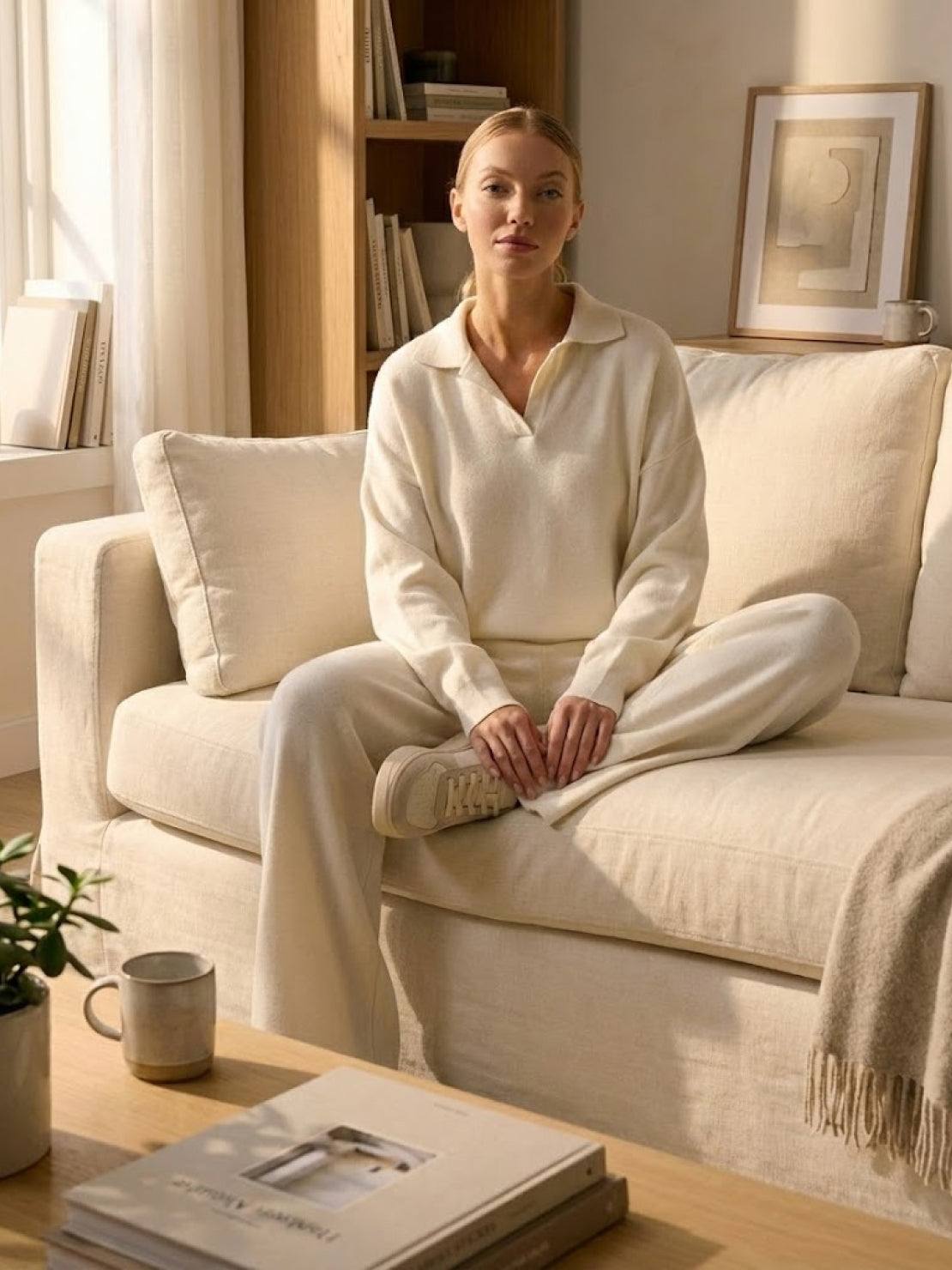 woman in plush and preppy camel two-piece set sitting on beige sofa in cozy living room