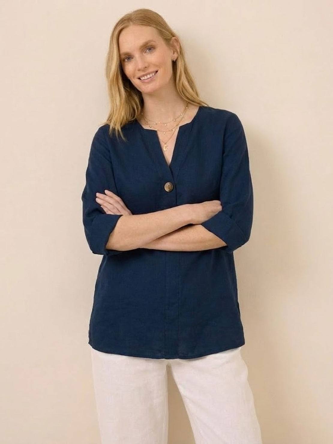 White pure linen age-defying shirt with button detail on mannequin
