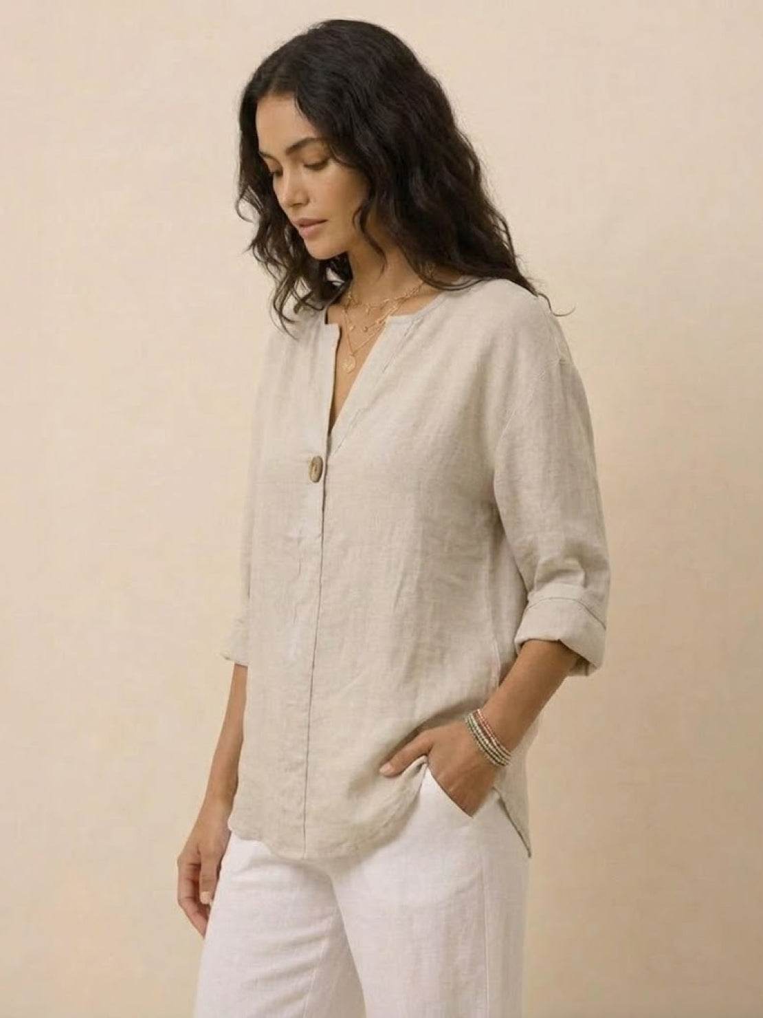 Pure linen age-defying shirt with button detail in breathable fabric for cool comfort and elegant fit
