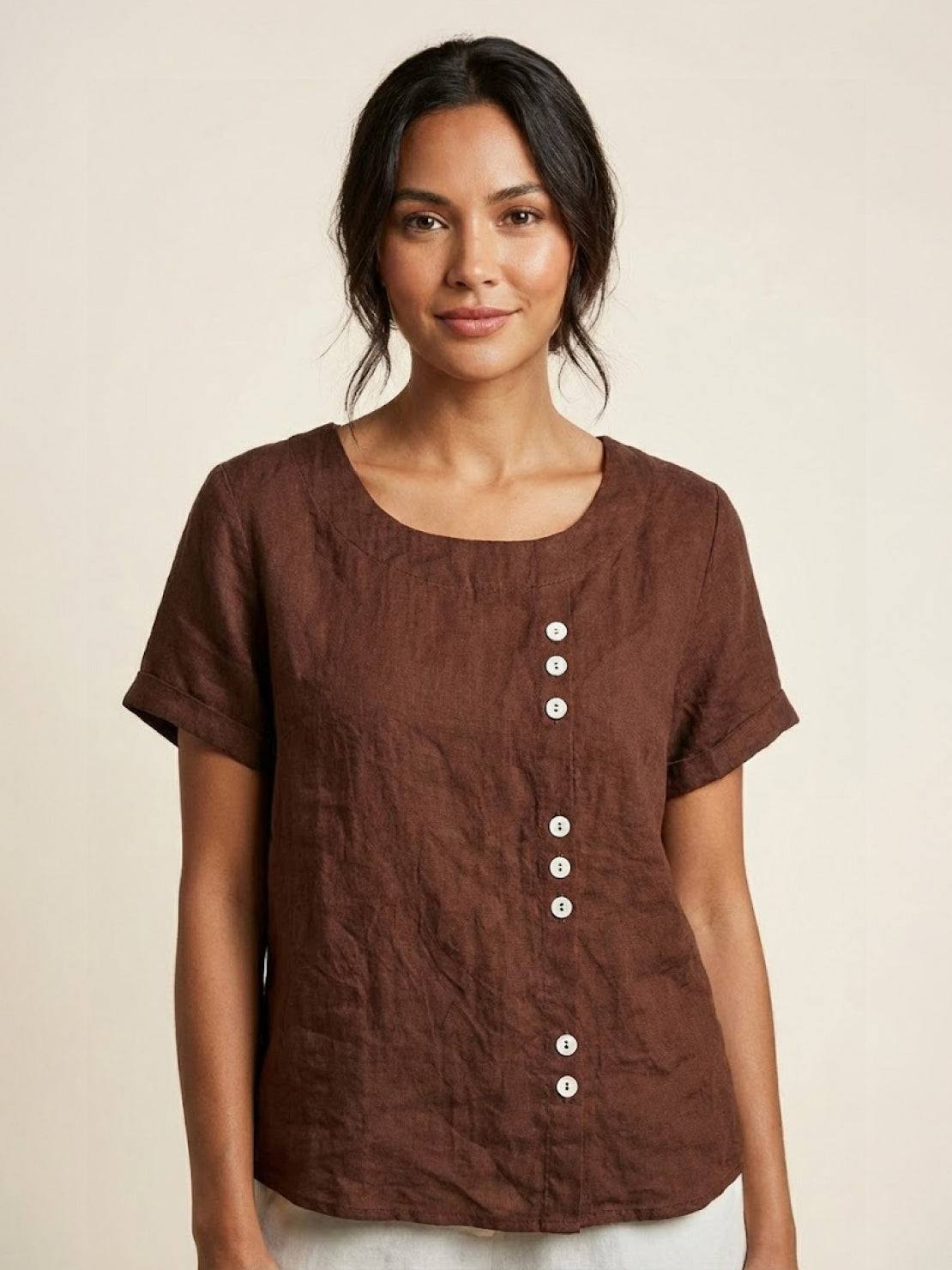 Relaxed Fit Linen Button-Up Tee with breathable cotton linen fabric and stylish button detail