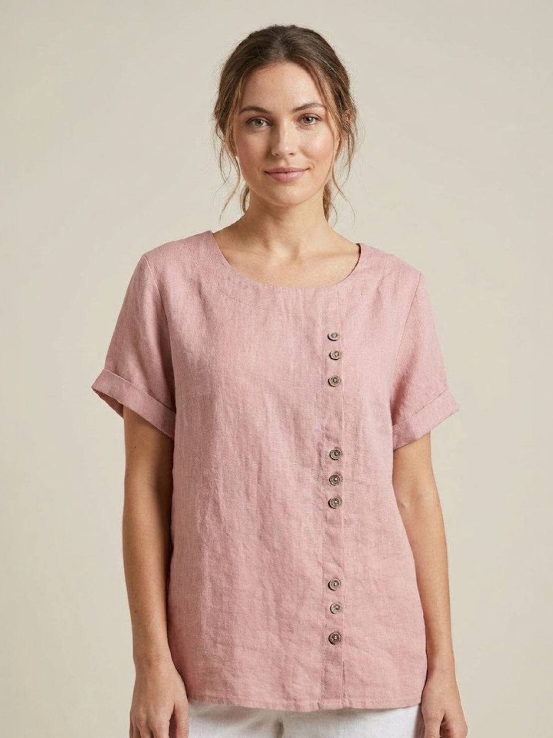 Relaxed Fit Linen Button-Up Tee in breathable cotton with stylish buttons and loose fit