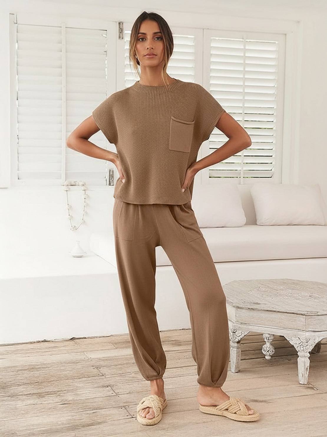 Comfy Couture Knit Sweater two-piece set in soft, relaxed fit with matching pants