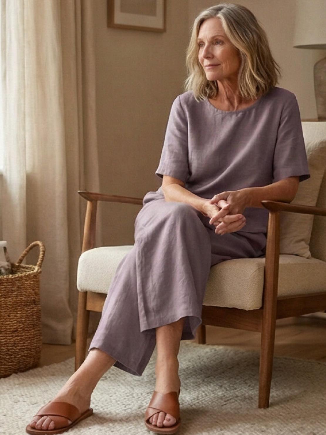 Loose fit co-ord set with soft-tailored top and wide-leg bottoms in solid color poly-cotton blend