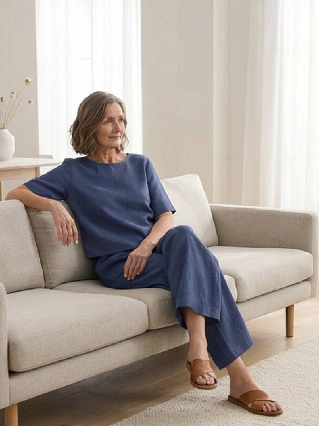 Women's loose fit co-ord set with soft-tailored top and wide-leg bottoms in breathable cotton blend fabric