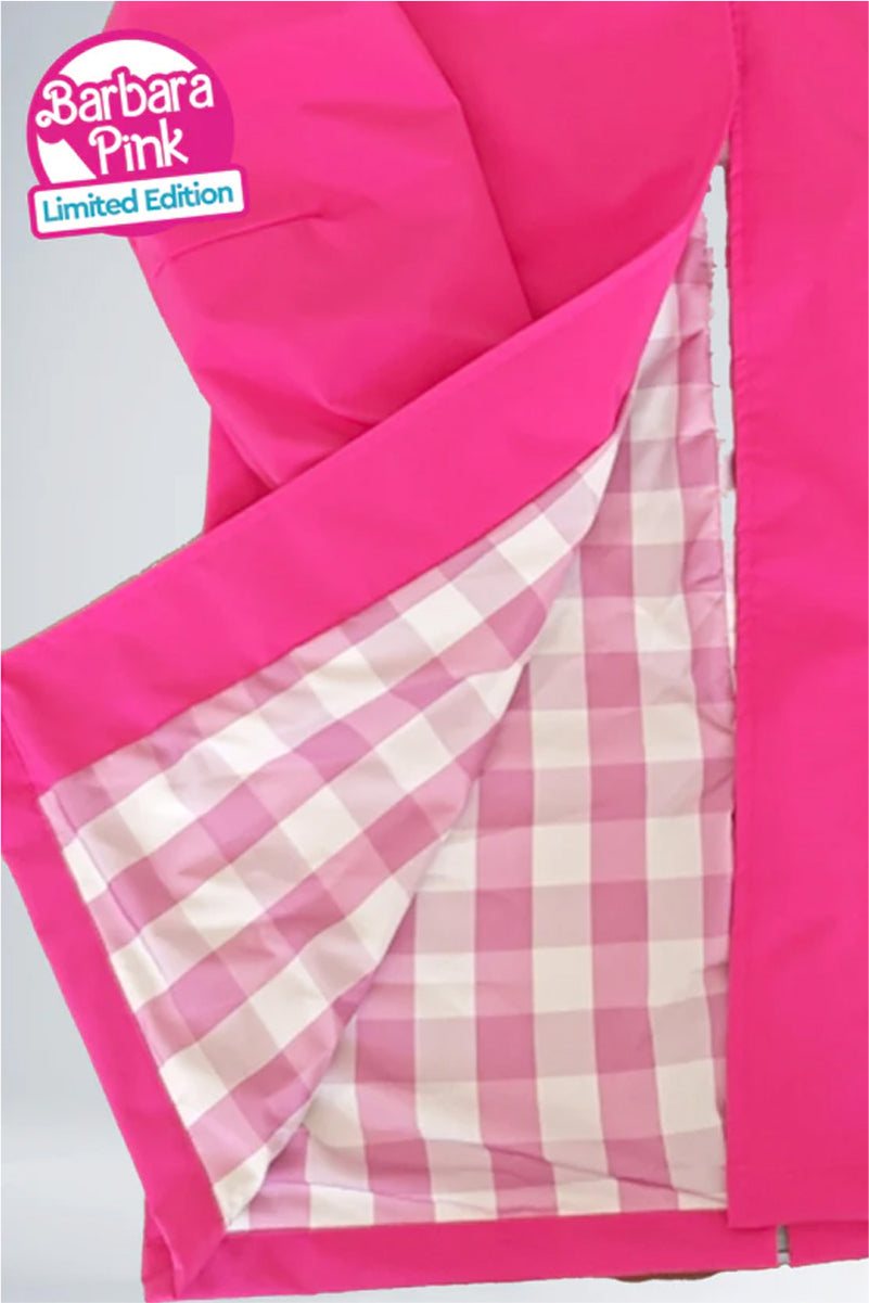 Bright pink Rain Couture Windbreaker with checkered inner lining, limited edition Barbara Pink design