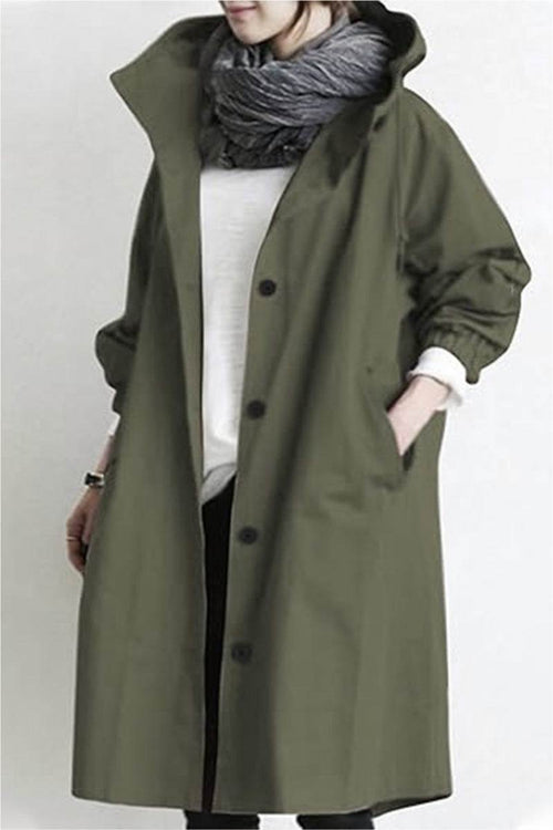 Trendy oversized olive green Rain Couture Windbreaker with water-resistant fabric and front buttons.