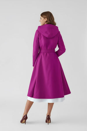 Water-repellent A-line hooded raincoat in vibrant purple with flattering belted fit and insulated lining