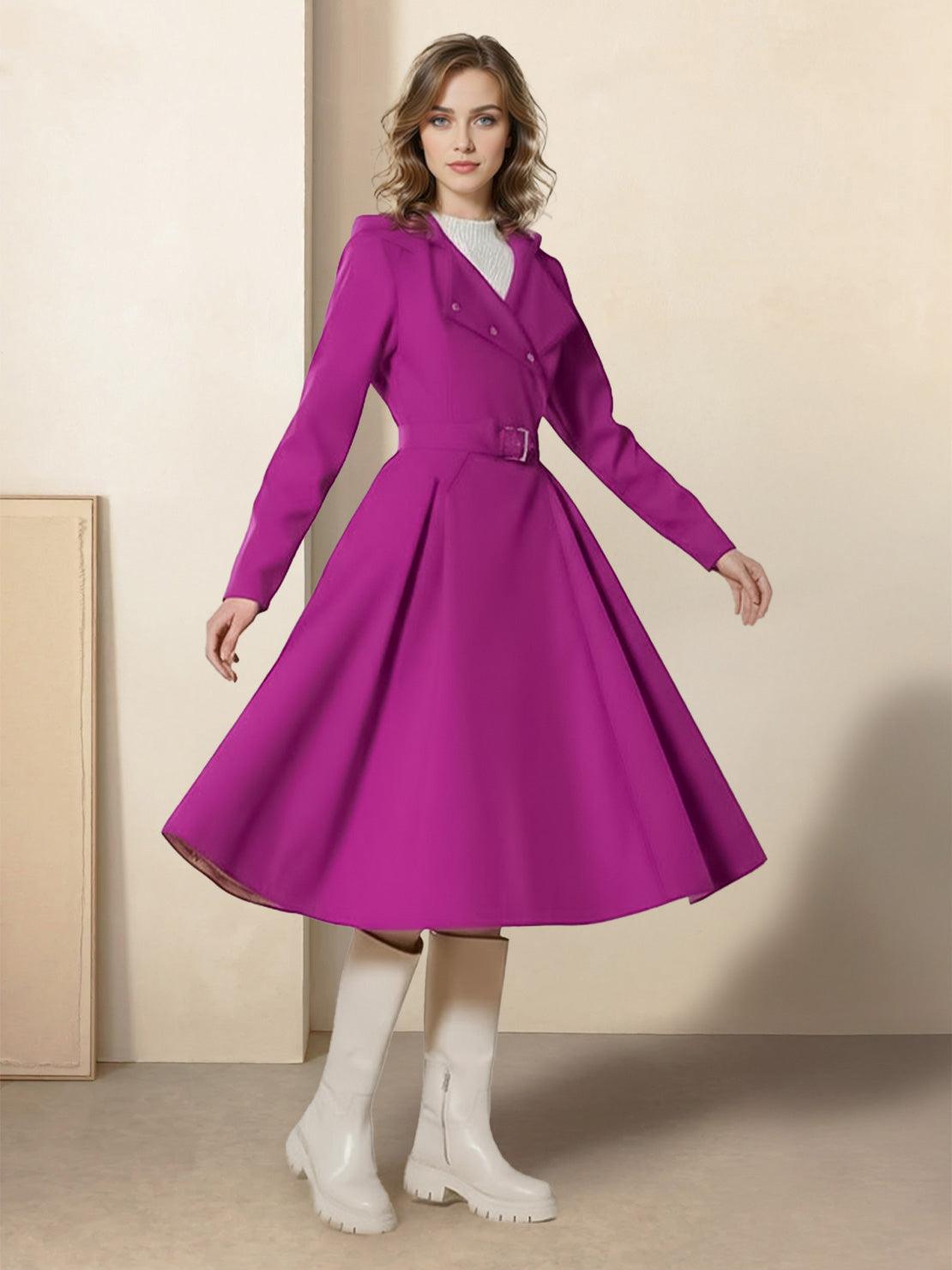 Water-repellent A-line hooded raincoat for women with insulated lining and matching belt