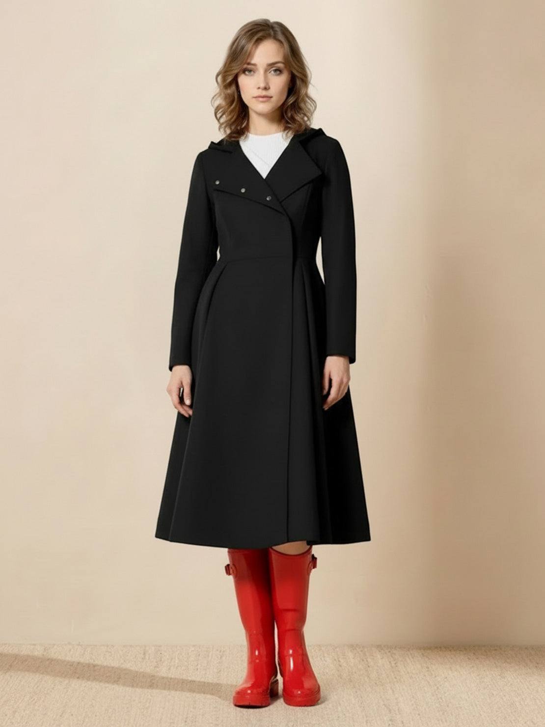 Water-repellent A-line hooded raincoat with feminine fit and insulated lining for warmth and comfort