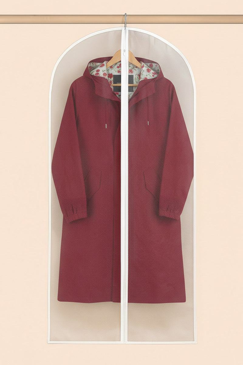 Waterproof dustproof clothing cover protecting a maroon coat on a hanger in a closet.