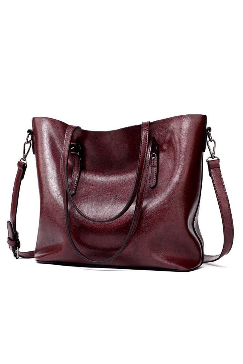 Elegant burgundy multi strap tote bag in PU leather with roomy interior and multiple compartments for versatile use