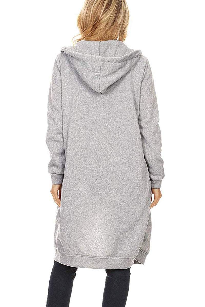 Back view of oversized long zip sweatshirt hoodie in grey with hood and long sleeves