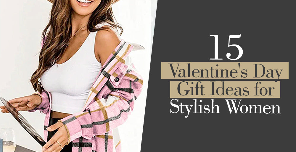 Valentine's gift guide with smiling woman holding a tablet, fashion-focused