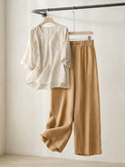 Women’s 100% cotton linen blend embroidery set with V-neck top and wide-leg trousers in golden hour tone