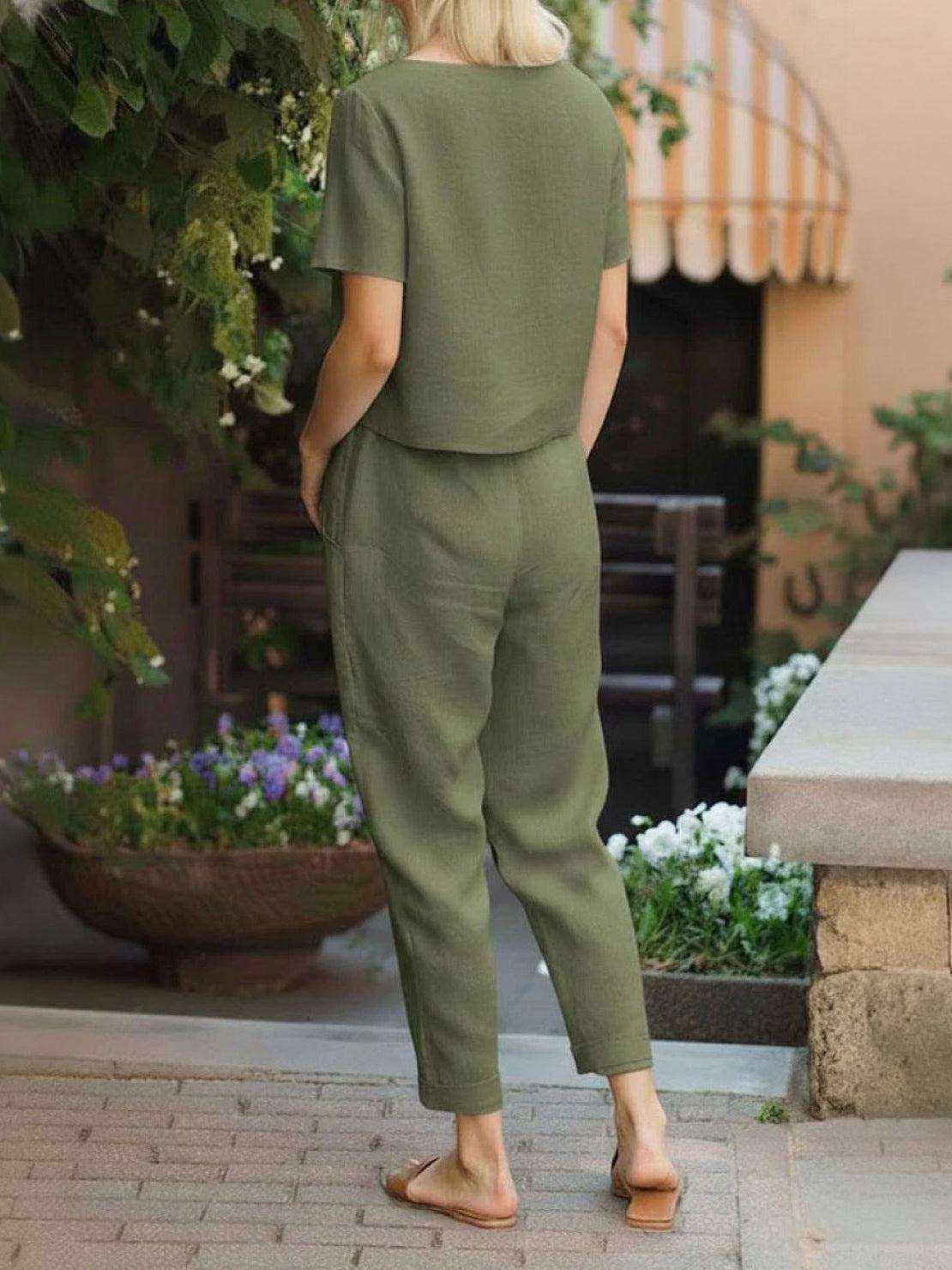 cotton linen monochrome straight-leg pants with adjustable drawstring waist in breathable cotton-linen blend fabric
