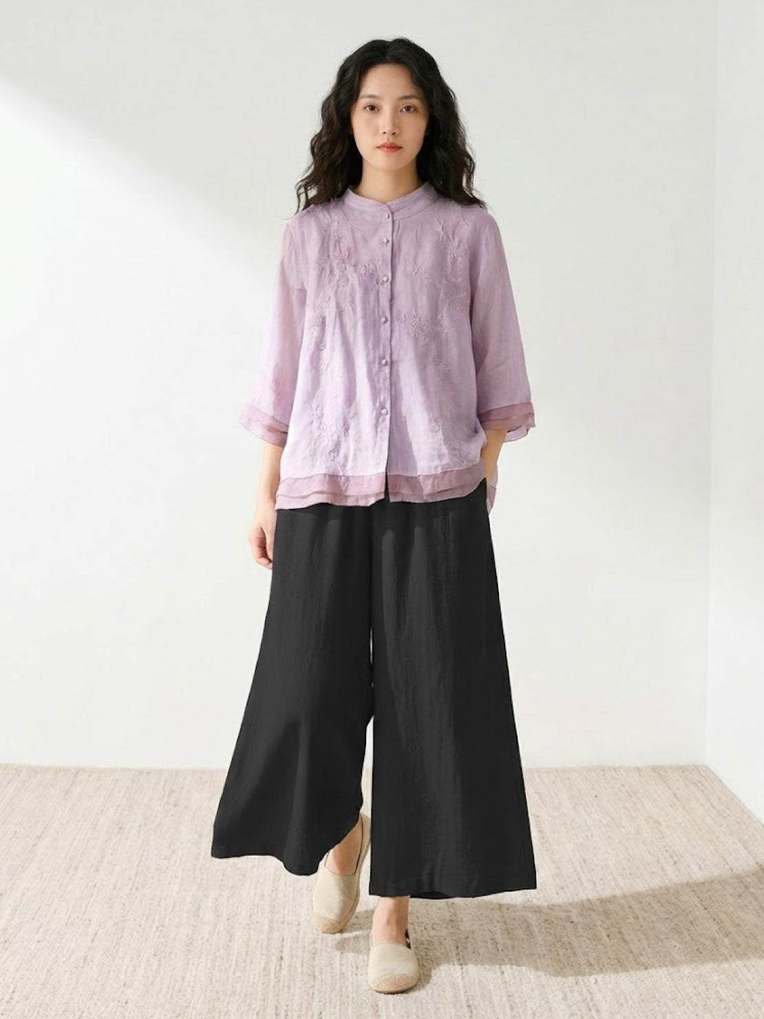 100% cotton linen Tuscany two-piece set with embroidered sheer top and wide-leg trousers
