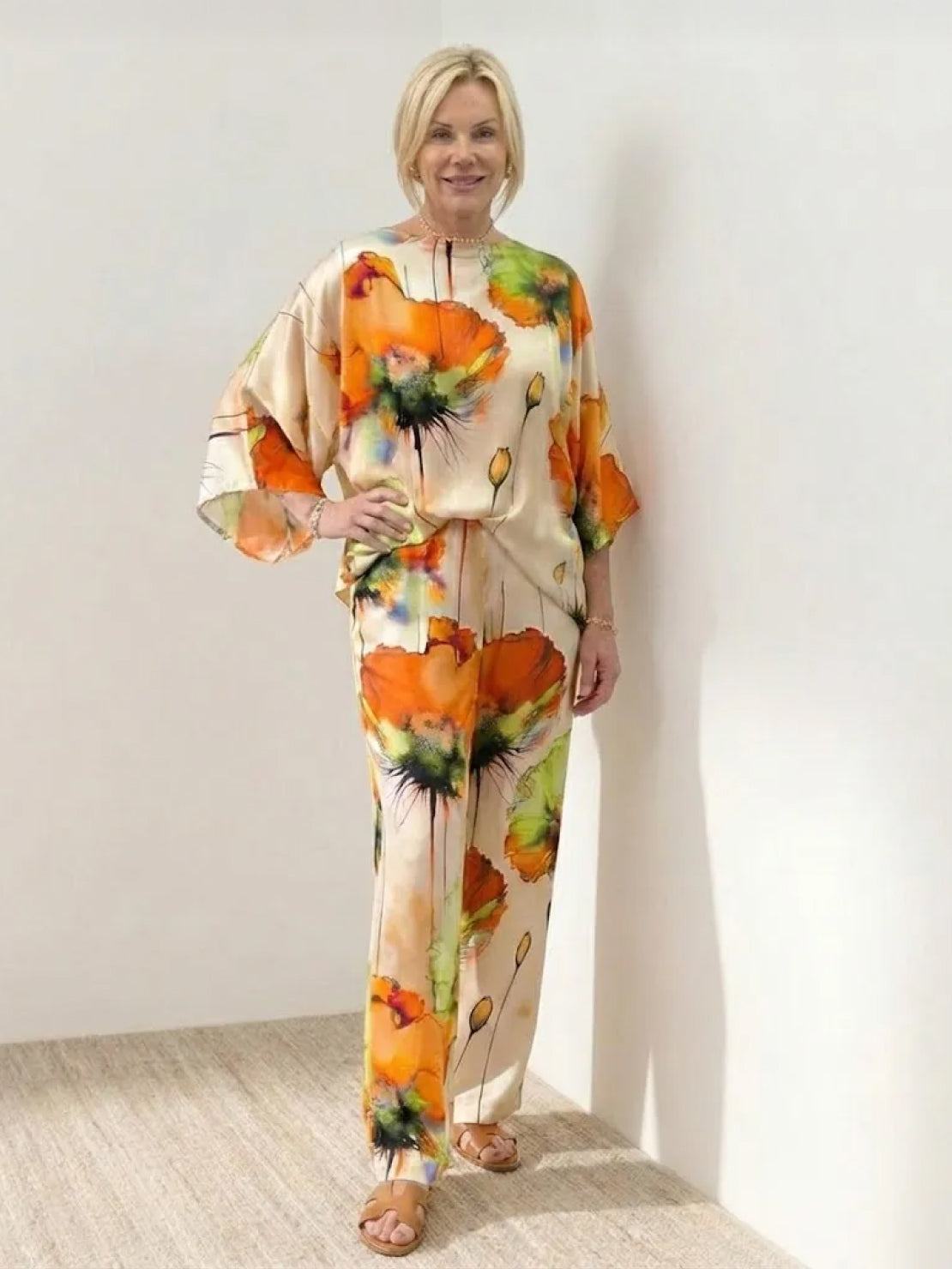 Plus size vibrant floral matching set with flowy silhouette and premium fabric blend