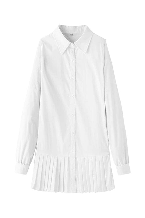 White pleated fashion plain shirt dress for women, long sleeves, thigh-length, made of premium cotton fabric.