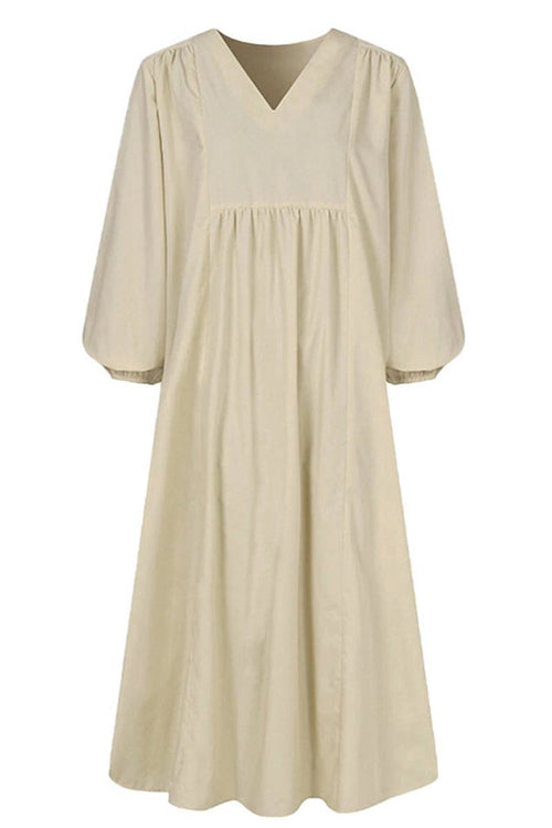 Beige midi long sleeve spring dress with V neckline and loose fit for comfortable, stylish wear
