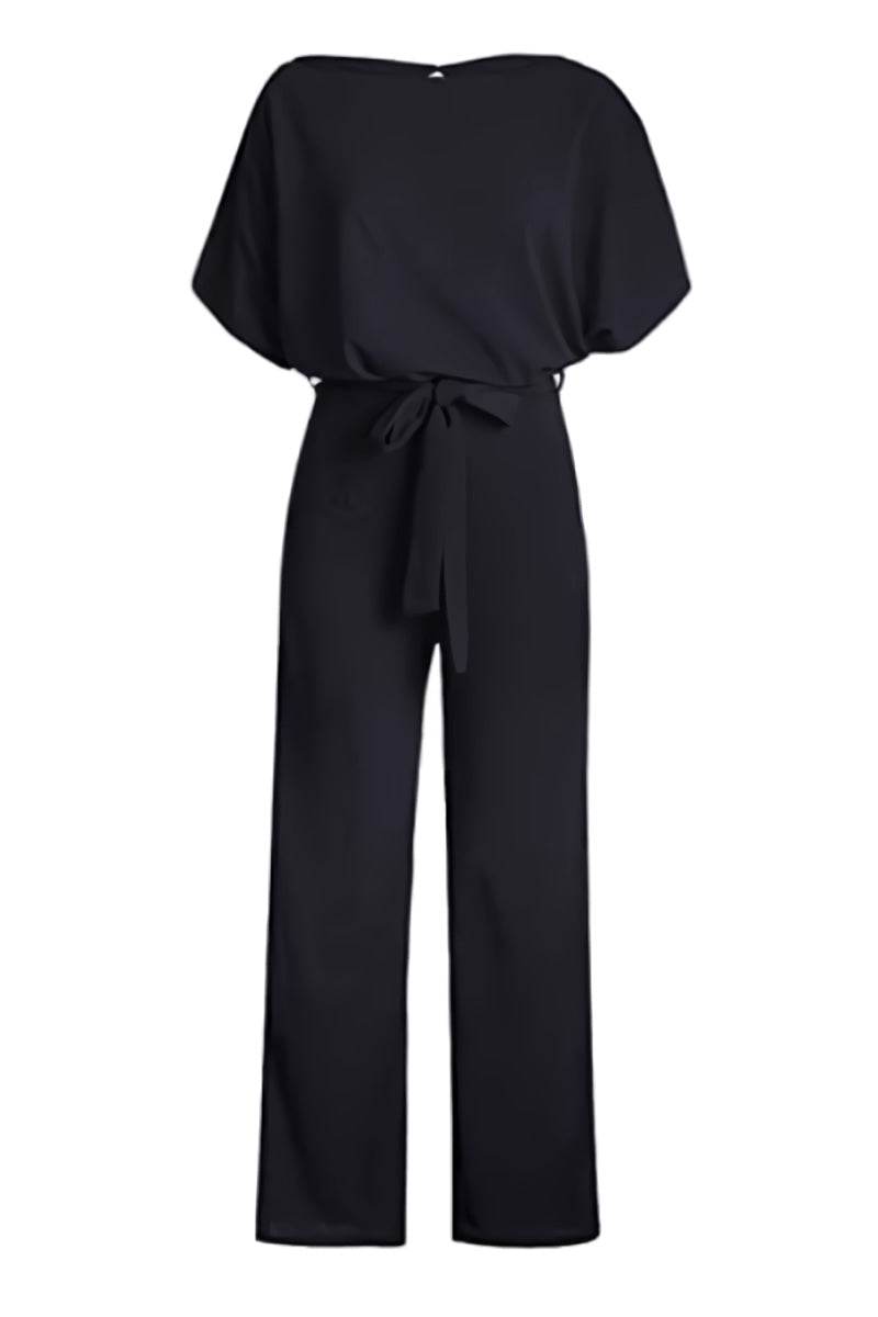 Black chic short-sleeved wide-leg jumpsuit with belt and elegant design for women