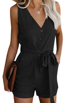 Black alluring V-neck layered romper with button front, waist tie, and sleeveless design for casual stylish wear