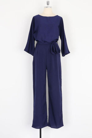 Navy blue casual long sleeve belted jumpsuit with wide legs and round neck