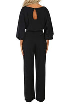 Black casual long sleeve belted jumpsuit with back keyhole and batwing sleeves