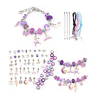 Kids bracelet-making kit with purple beads, silver charms, and adjustable chains for creative jewelry crafting.
