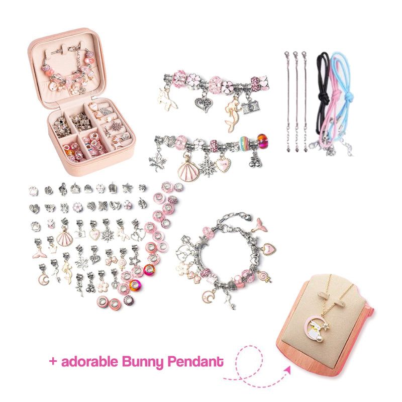 Kids Bracelet-Making Kit with beads, charms, chains, and bunny pendant for creative jewelry crafting.