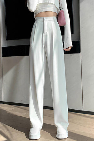 White casual loose wide-leg high-waisted straight pants with a stylish fit and soft, breathable fabric