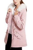 Thick long-sleeve zipper overcoat in pink with white fur collar, lightweight and warm winter jacket.