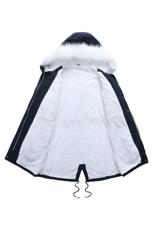 Thick long-sleeve zipper overcoat with white fur lining and hood, black exterior, warm and lightweight design