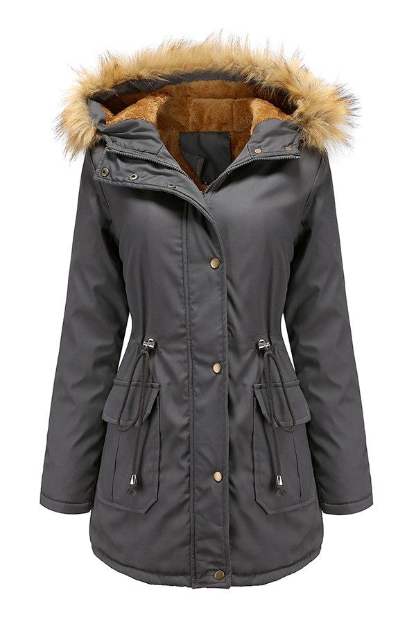Large hooded velvet coat with fur trim, warm cotton velvet material, adjustable zipper, and windproof cuffs.