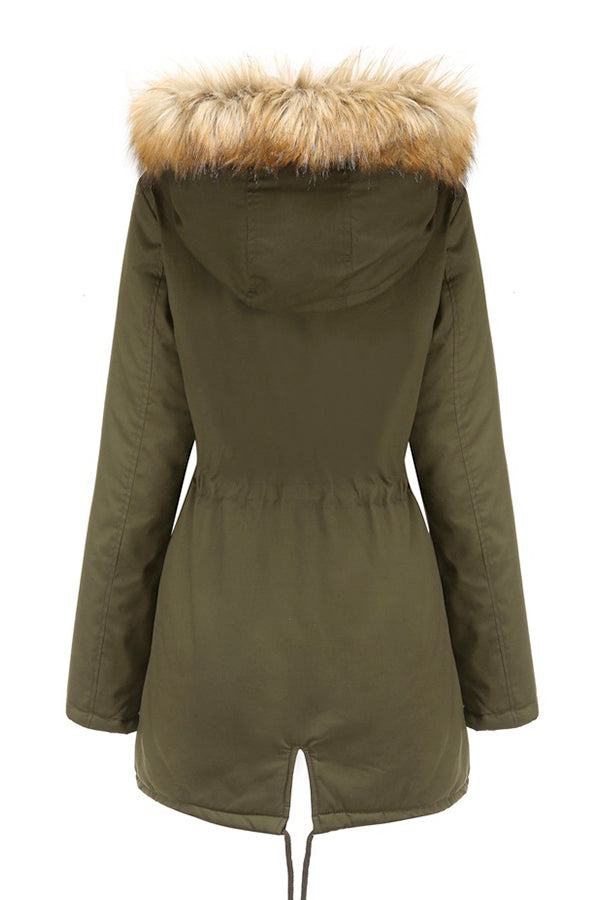 Back view of large hooded velvet coat in olive green with faux fur trim and adjustable waist drawstring