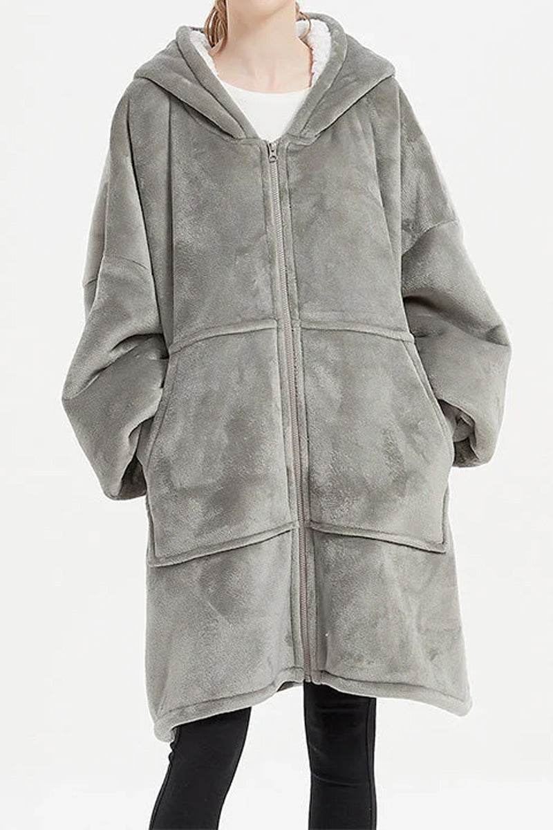 Oversized ultra soft hooded blanket with zipper and large front pockets, cozy grey fleece sweatshirt for winter warmth