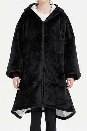 Oversized ultra soft hooded blanket with zipper and front pockets in black flannel sherpa material